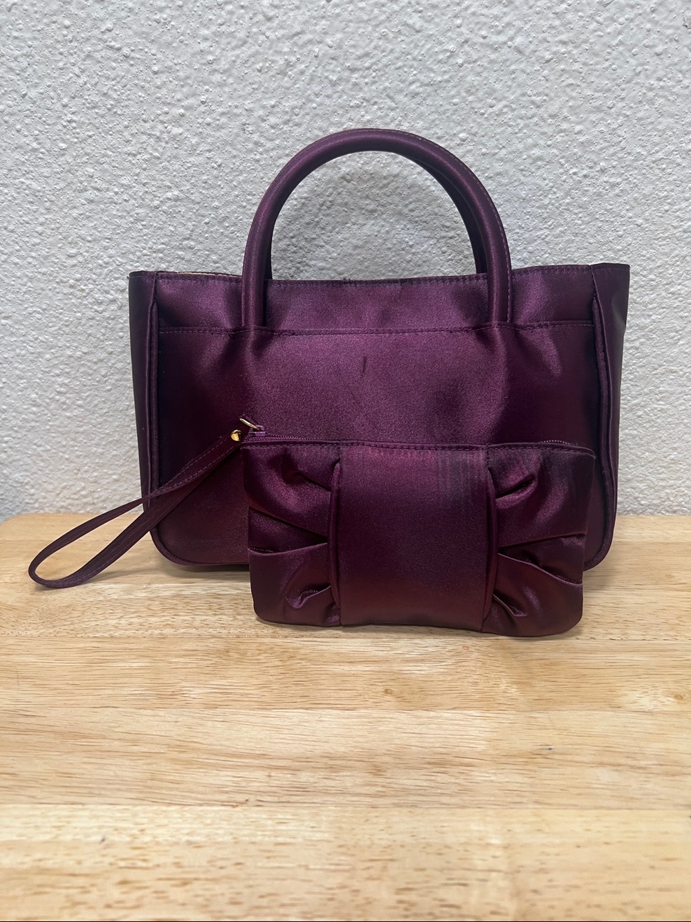 Avon Purple Satin Evening Purse with Retractable Handles and Wristlet